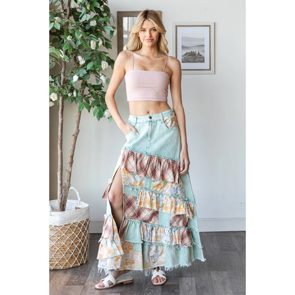 Oli & Hali Floral + Plaid Patchwork Ruffled Denim Maxi - Picture 11 of 11